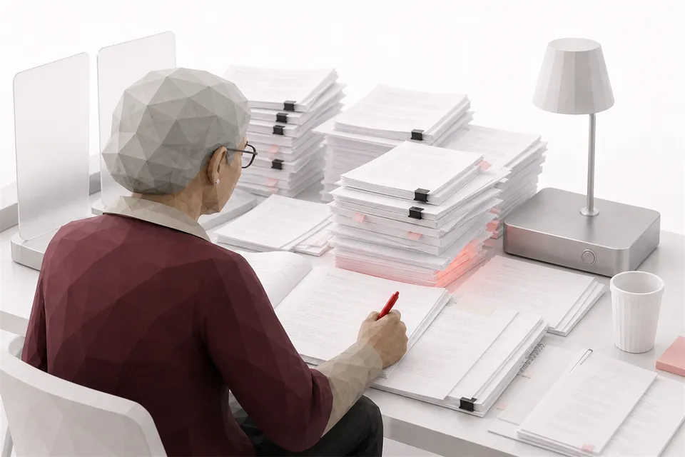 An assessor's desk buried under stacks of paper late in the day, one screen drafting alongside.