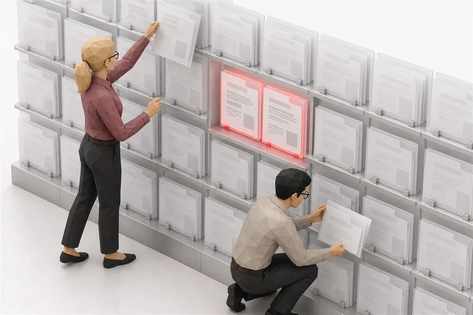A worker searching a tall wall of unlabelled document folders, none of them marked.