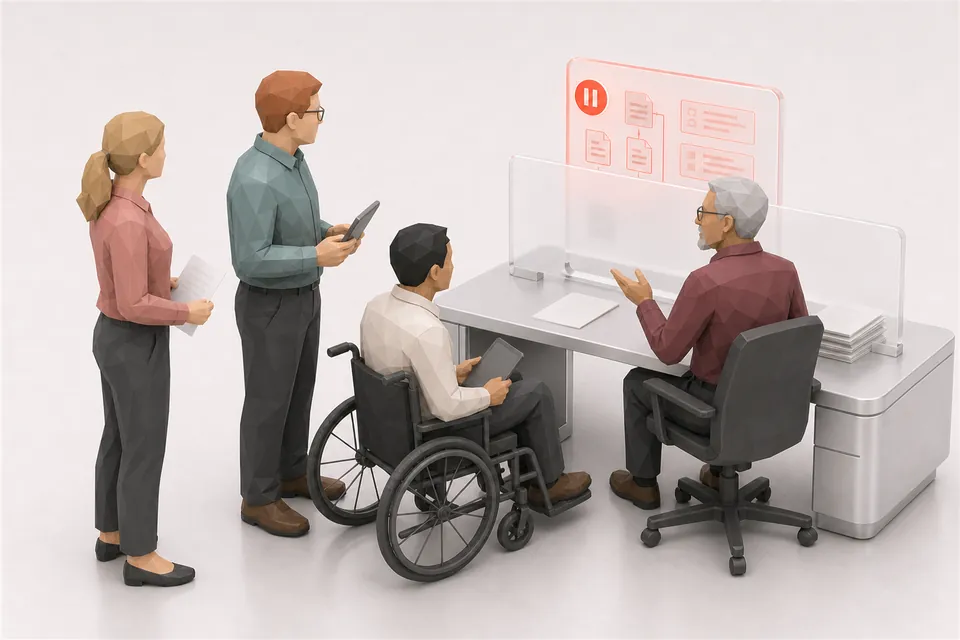 A senior worker interrupted at their desk while colleagues queue behind them waiting to ask questions.