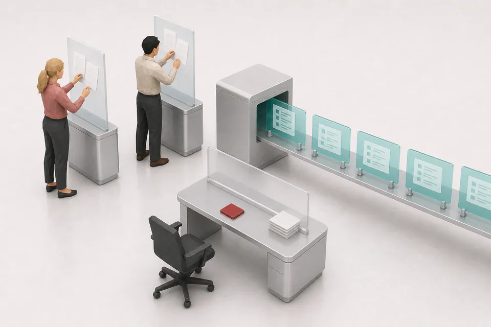 Documents flowing past an empty review desk with nobody stationed to check them.