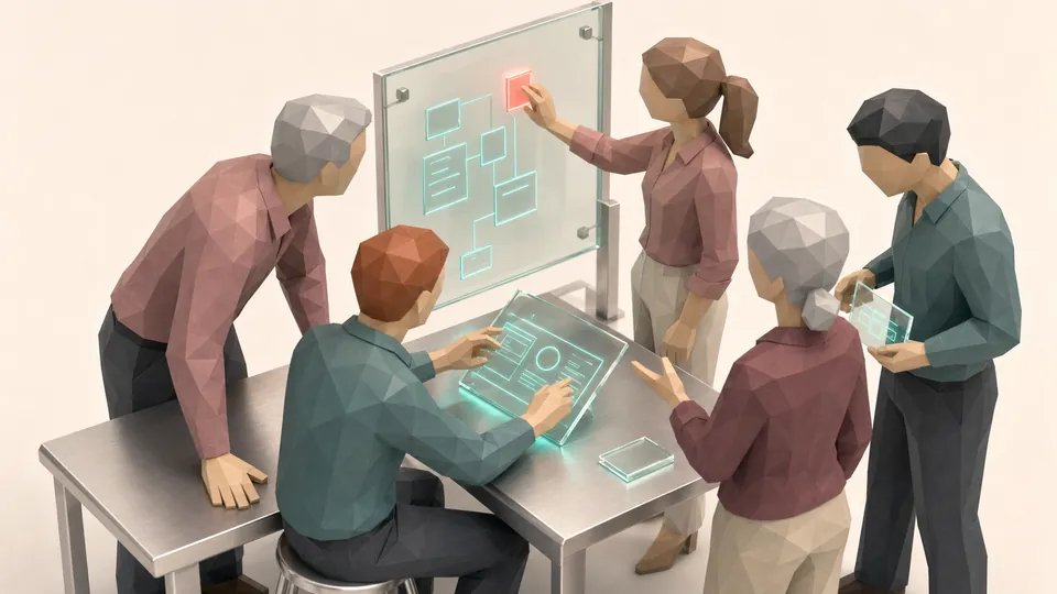 Five people working around a table in a training session, one marking an item on a shared glass panel.
